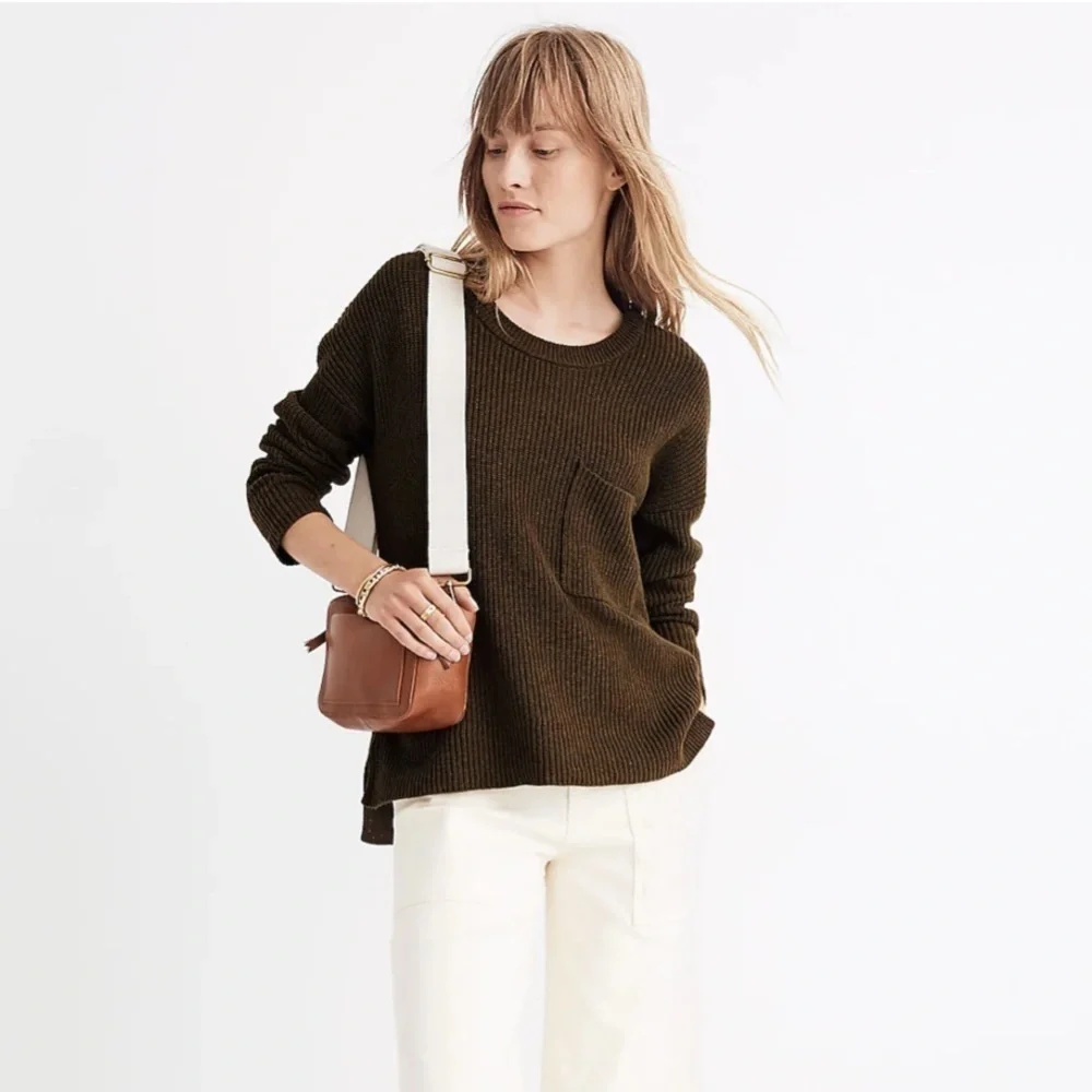 Madewell Thompson Pocket Pullover Sweater Dark Olive Green Oversized Ribbed M